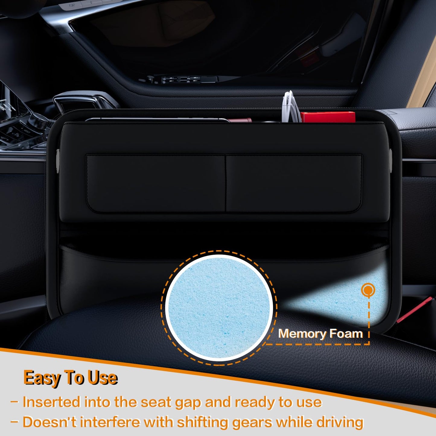 Car Seat Gap Filler Leather Car Box Seat Organizer and Storage Automotive Accessories with Pockets- Front Seats Car Adjustable Gap Filler for Phones, Glasses, Keys, Cards