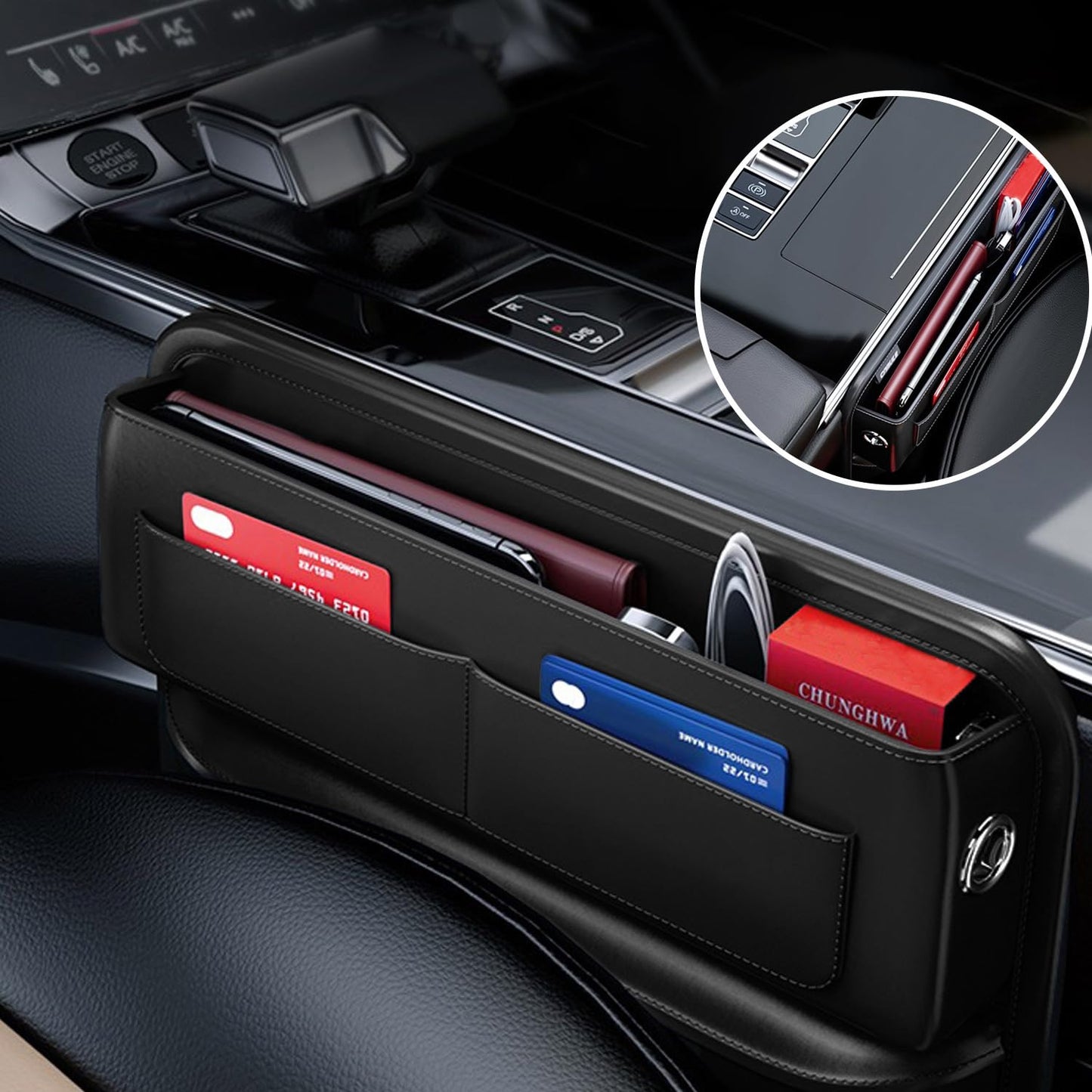 Car Seat Gap Filler Leather Car Box Seat Organizer and Storage Automotive Accessories with Pockets- Front Seats Car Adjustable Gap Filler for Phones, Glasses, Keys, Cards