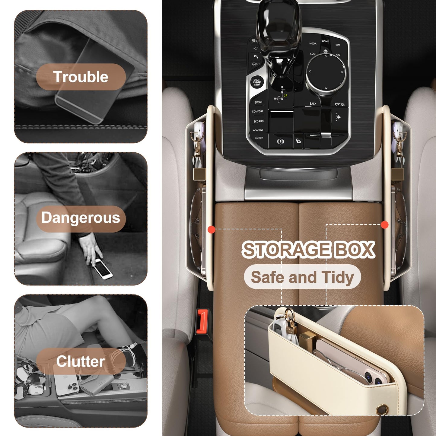 Car Seat Gap Filler Leather Car Box Seat Organizer and Storage Automotive Accessories with Pockets- Front Seats Car Adjustable Gap Filler for Phones, Glasses, Keys, Cards