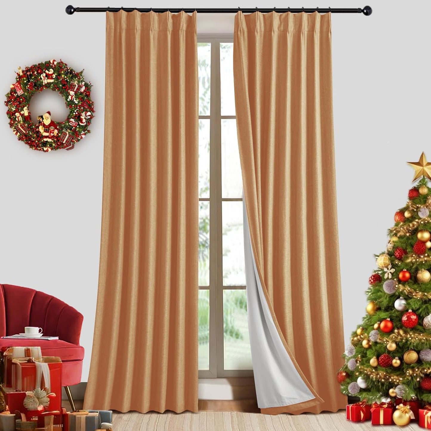 Pinch Pleated 100% Blackout Linen 2 Panels Curtains Orange-gold