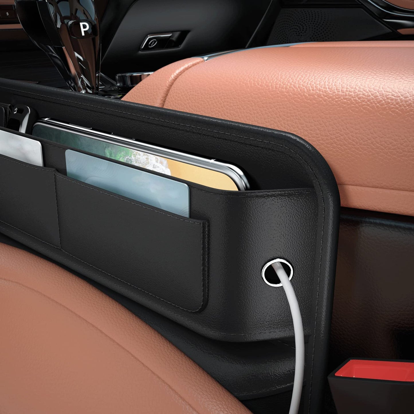 Car Seat Gap Filler Leather Car Box Seat Organizer and Storage Automotive Accessories with Pockets- Front Seats Car Adjustable Gap Filler for Phones, Glasses, Keys, Cards
