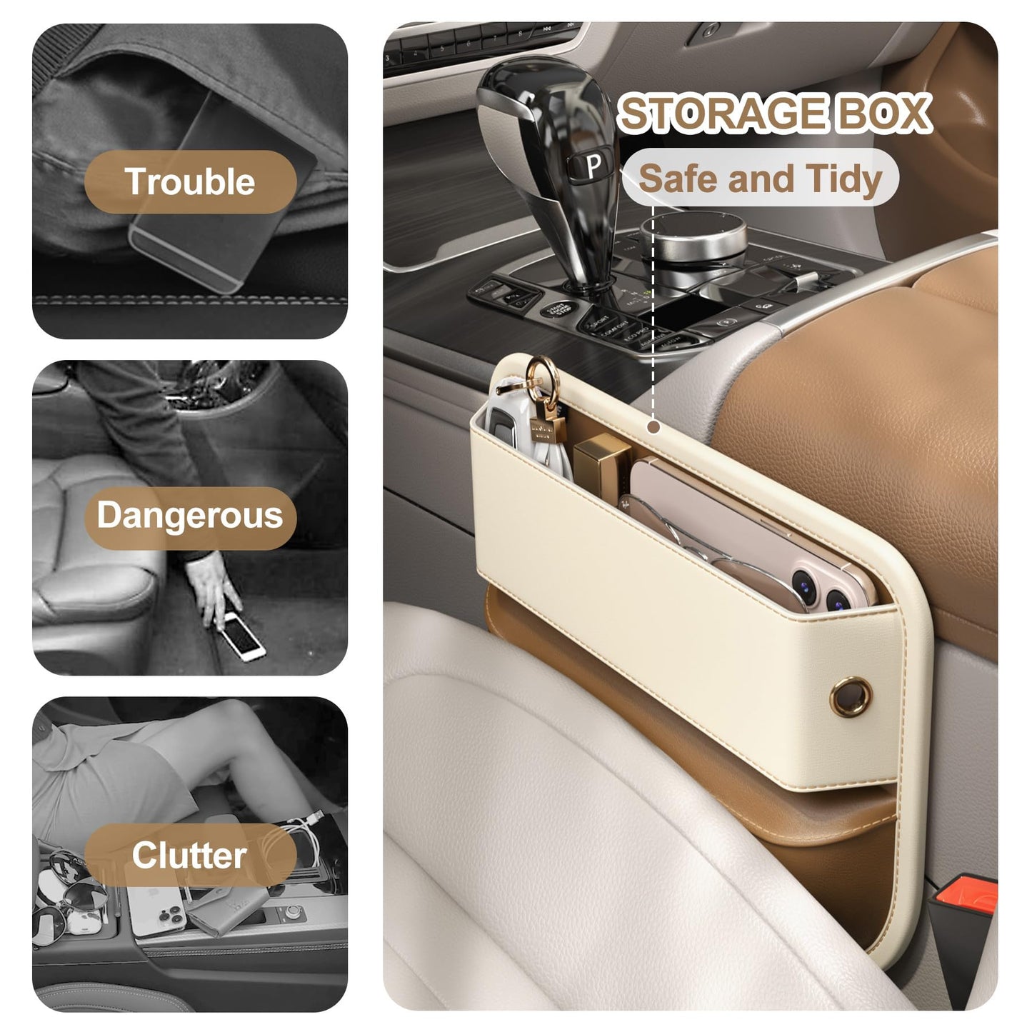 Car Seat Gap Filler Leather Car Box Seat Organizer and Storage Automotive Accessories with Pockets- Front Seats Car Adjustable Gap Filler for Phones, Glasses, Keys, Cards