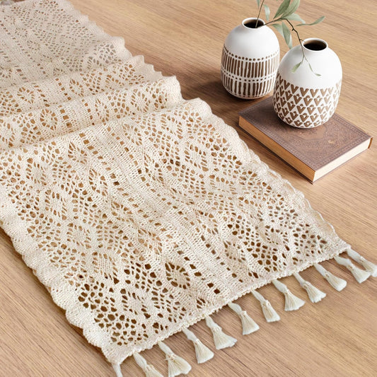 Boho Burlap Table Runner with Tassels Patchwork