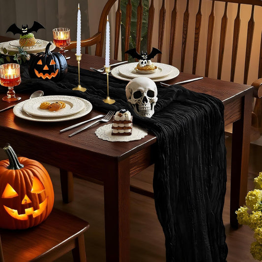 Halloween Table Runner - 10ft Black Boho Gauze Cheesecloth