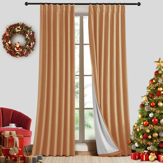 Pinch Pleated 100% Blackout Linen 2 Panels Curtains Orange-gold