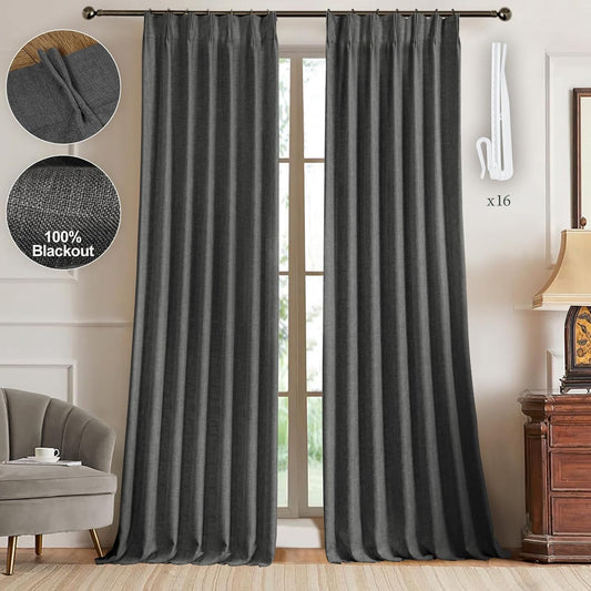 Linen Pinch Pleated 100% Blackout Curtains for Bedroom Dark Grey